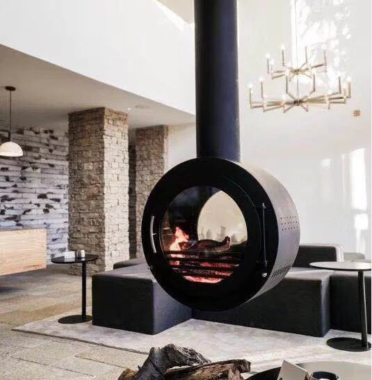 Ceiling Installation Stove Indoor Hotel Heating Wall Mounted Wood Burning Hanging Fireplace with Glass Door