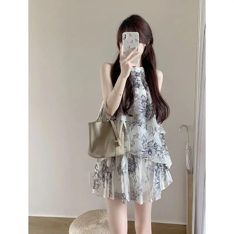 

Women Ink print halterneck sleeveless top + skirt two-piece suit Stunning Design Temperament Printing Slim Fit Vestidos
