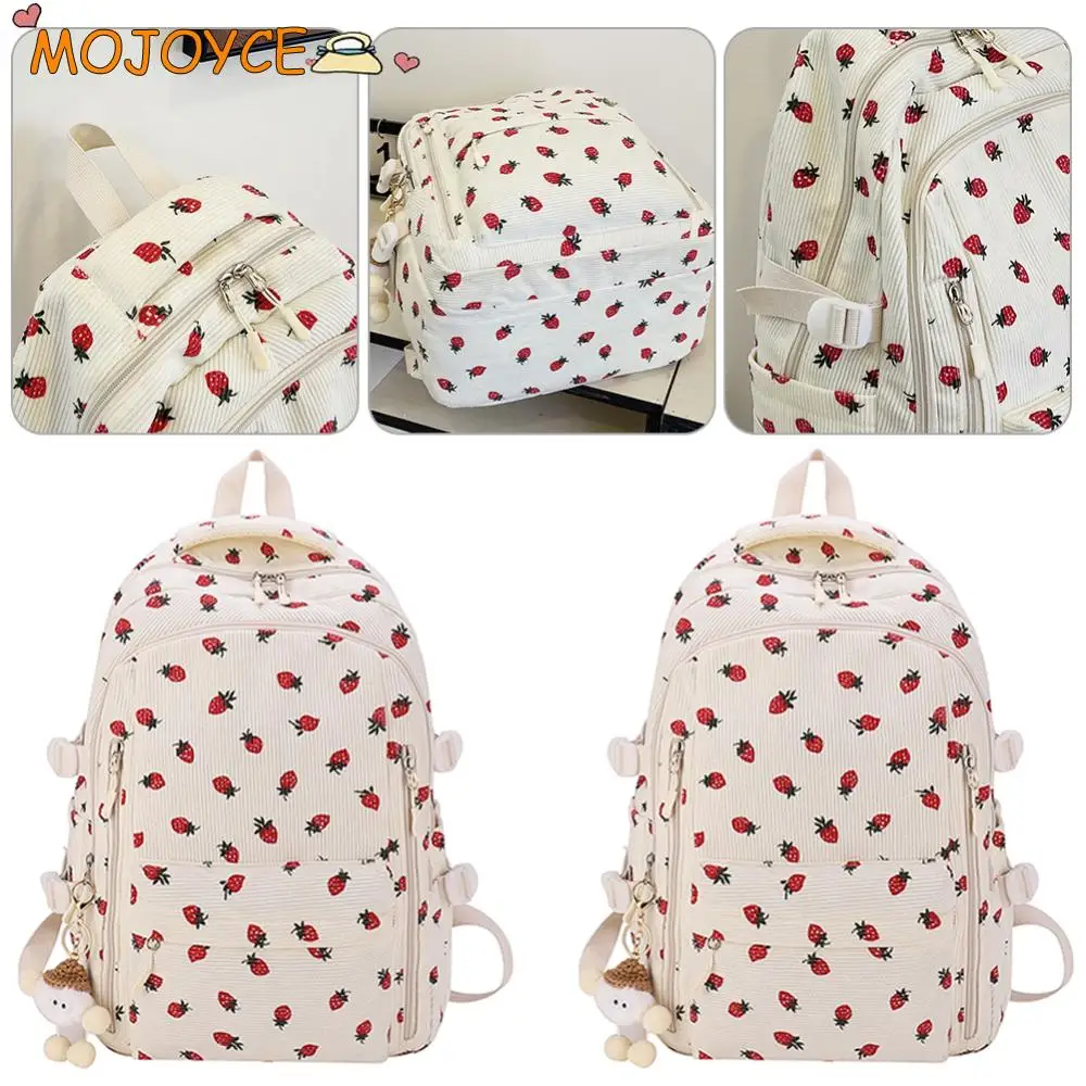 Sweet Corduroy Strawberry Backpacks Casual Travel Rucksack Large Capacity Daily Knapsack Japanese Aesthetic Students School Bag