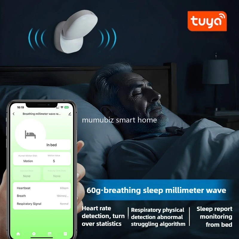 Tuya Smart WiFi 60GHz Millimeter Wave Radar Sensor Sleep Heart Rate Human Presence Monitor Real-time Monitoring APP Alerts
