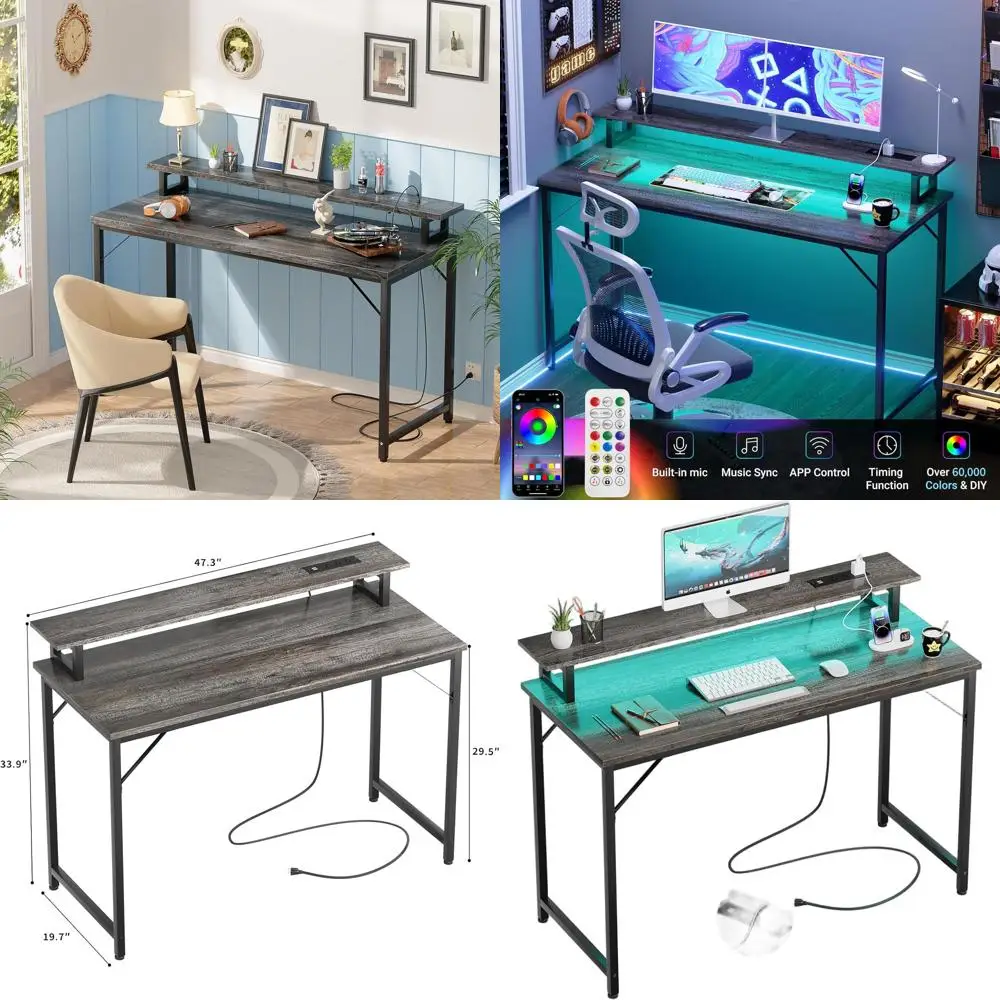 مكتب ألعاب حديث بإضاءة LED مع منافذ طاقة، 47 مكتب منزلي من خشب البلوط الأسود للمساحات الصغيرة مع رف شاشة