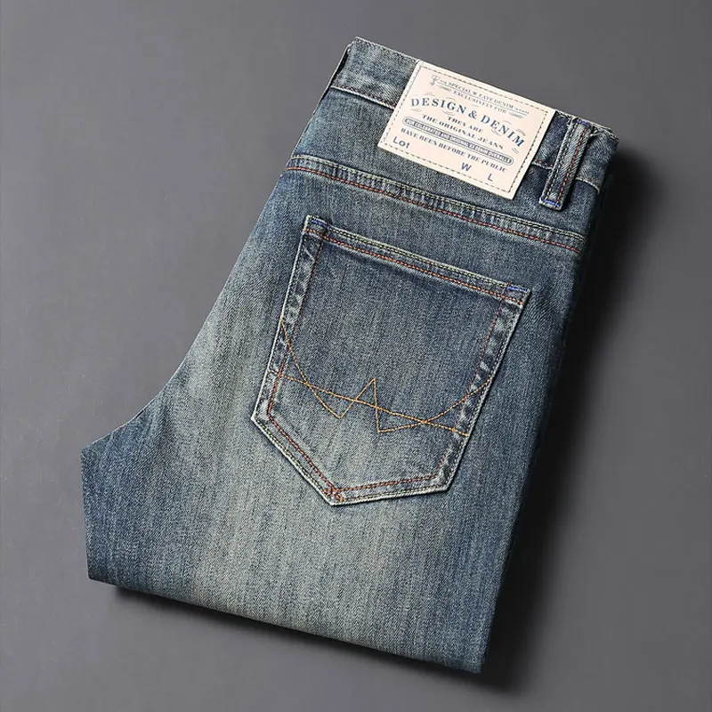 Nowo projektant mody Mężczyźni Jeans Retro Washed Blue Stretch Slim Fit Vintage Jeans Mężczyźni Wysokiej jakości spodnie dżinsowe Hombre