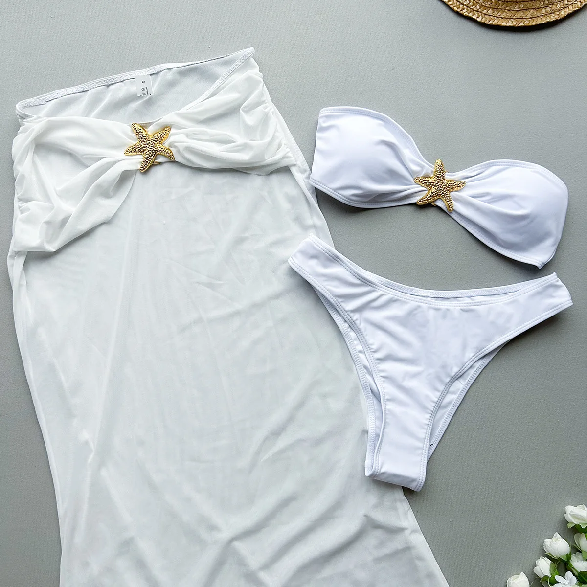 Conjuntos de Bikinis Bandeau de estrella de mar sexys, 3 uds. Con falda larga de malla, traje de baño con Tanga, trajes de playa, Bikini Tankini