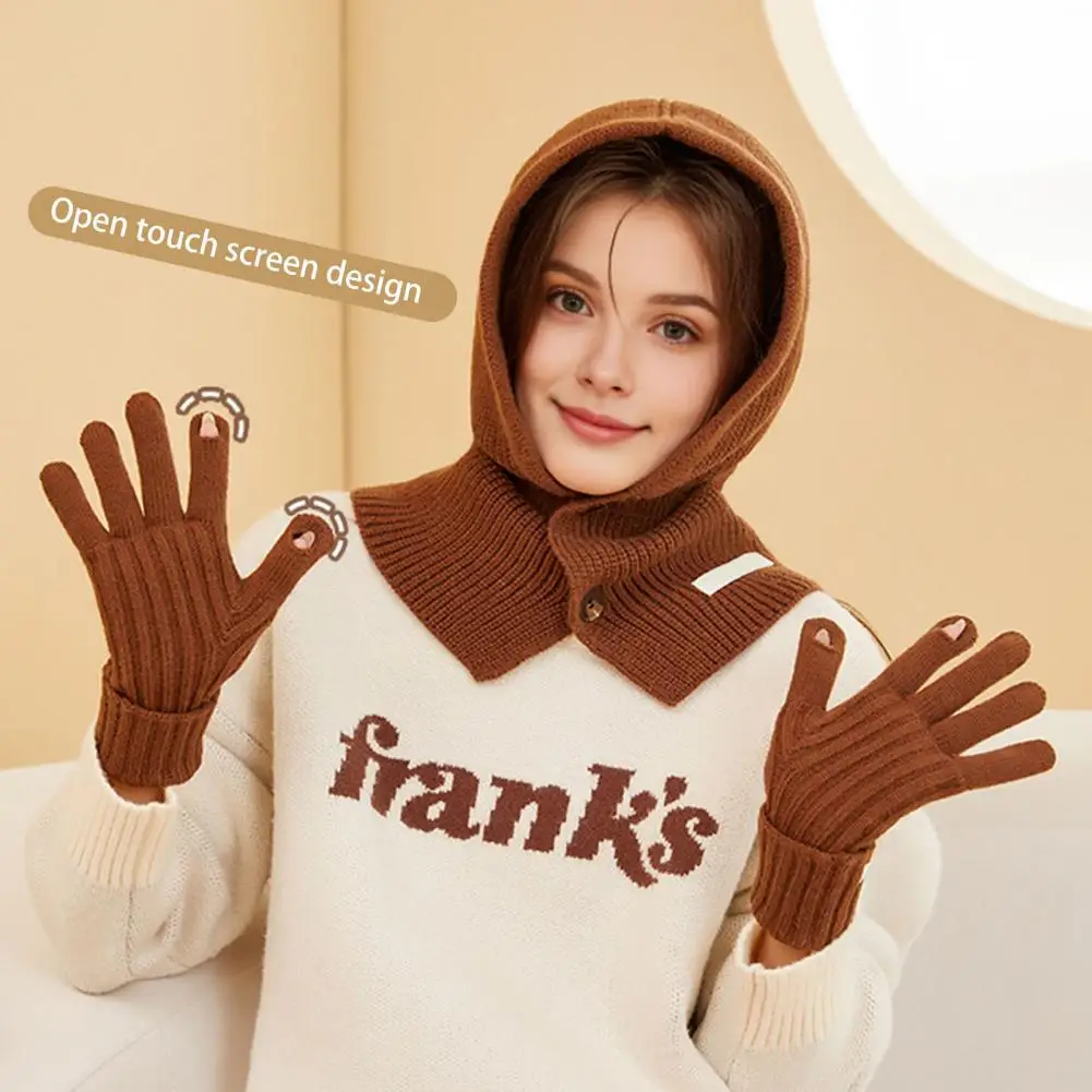 

Women Daily Gloves Women's Winter Hat Gloves Set with Integrated Scarf Balaclava Knitted Solid Color Button Closure for Head