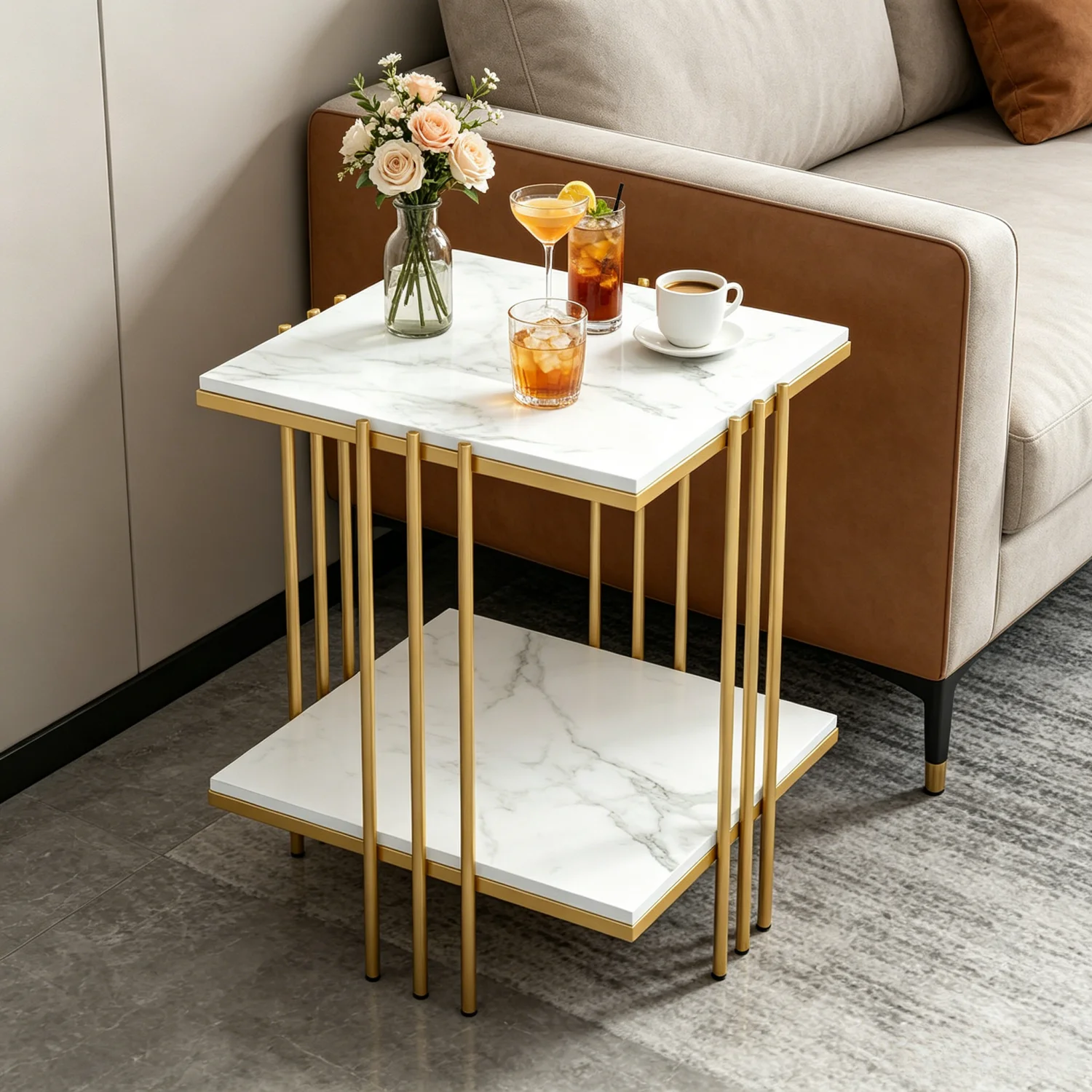 2 Tier Square Sofa Side Table Metal Gold Frame Sintered Stone Table Top Accent End Table Nigthstand for Living Room Bedroom Office