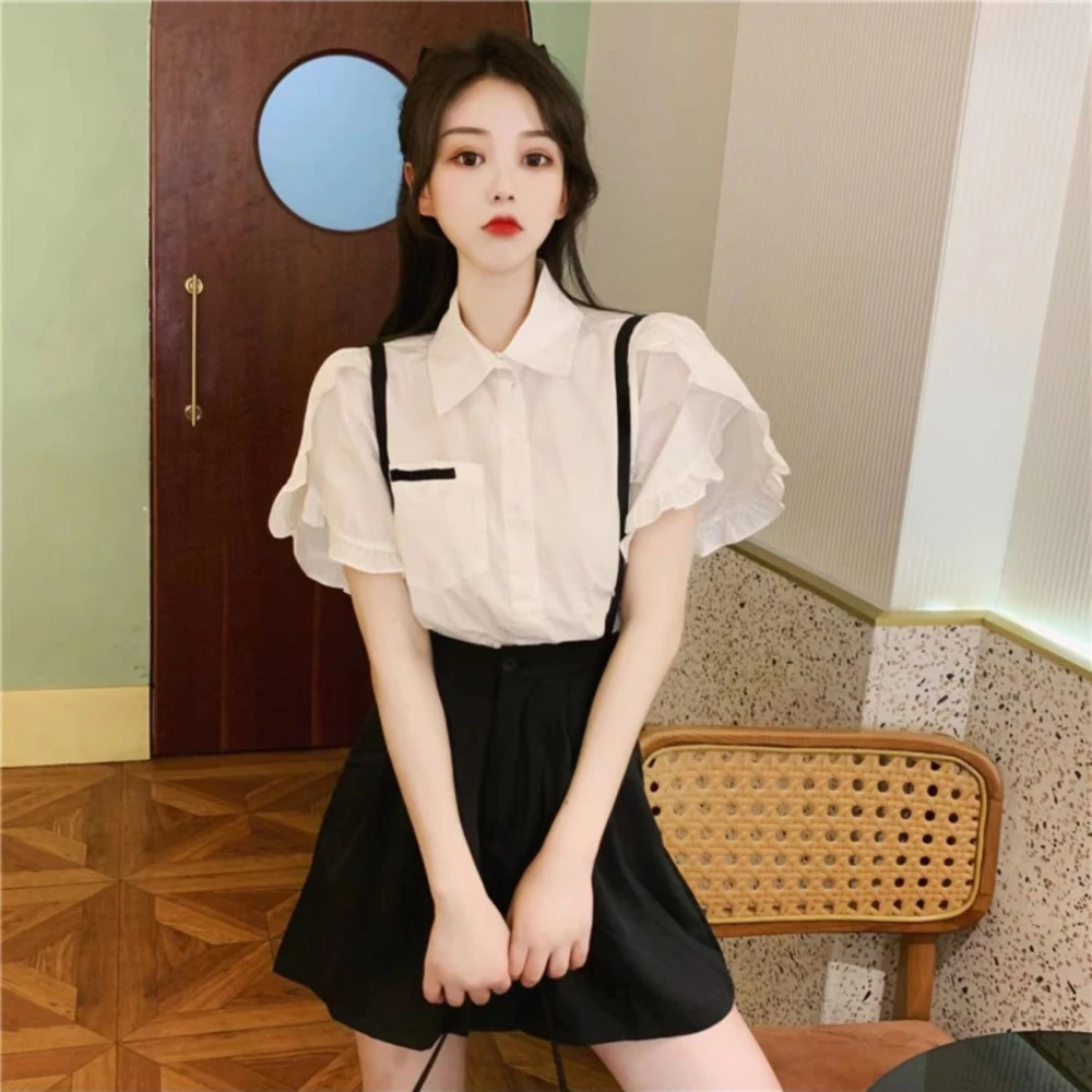 Women\'s Buttoned Shirt Trends Formal Puff Sleeve Top Short 2024 Summer Blouse for Women elegant chic Sexy Korean Style Fashion