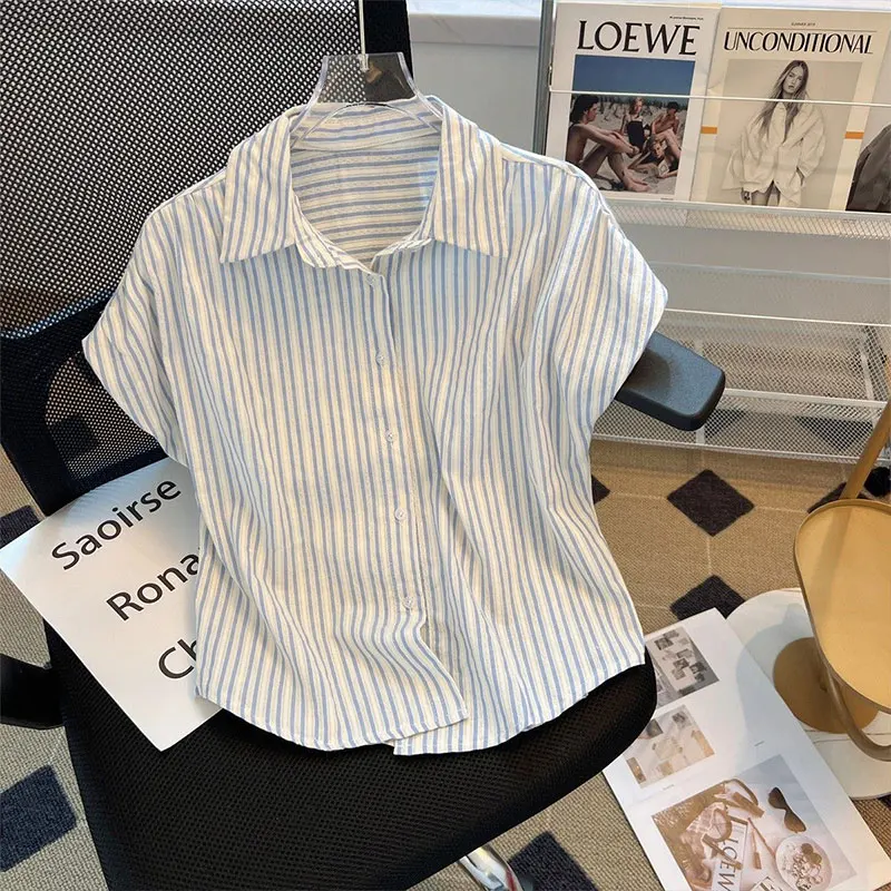 Elegant Fashion Harajuku Slim Fit Female Clothes Loose Casual All Match Tops Women Stripe Button POLO Collar Short Sleeve Blusa