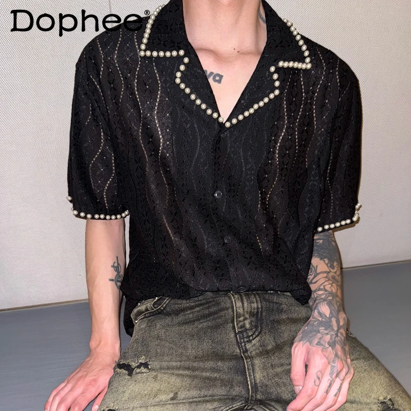 

Men's 2025 Summer New High-end Niche Design Tops Fashion Pearl Hollow Out Lace Short-sleeve Shirts Men's Loose Comfort Shirts