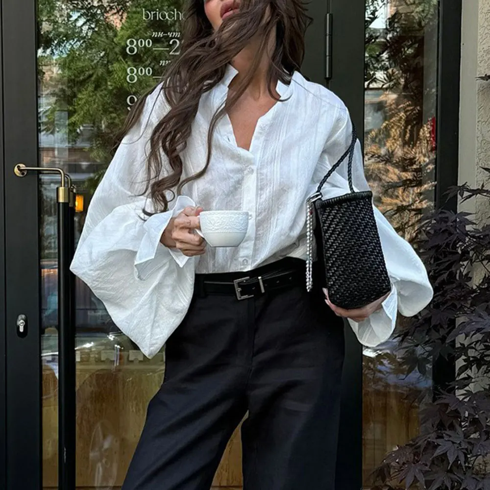 

Женская милая свежая свободная рубашка больших размеров с воротником-стойкой и рукавами-фонариками, топ с длинными рукавами, осенняя одежда