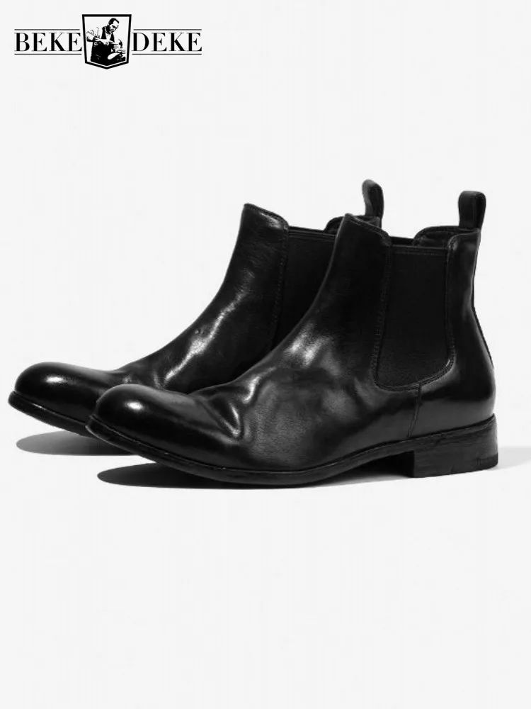 Leisure Male Genuine Leather Hard Wearing Platform Ankle Boots Solid Color Horsehide Round Toe Elastic Band High Top Footwear