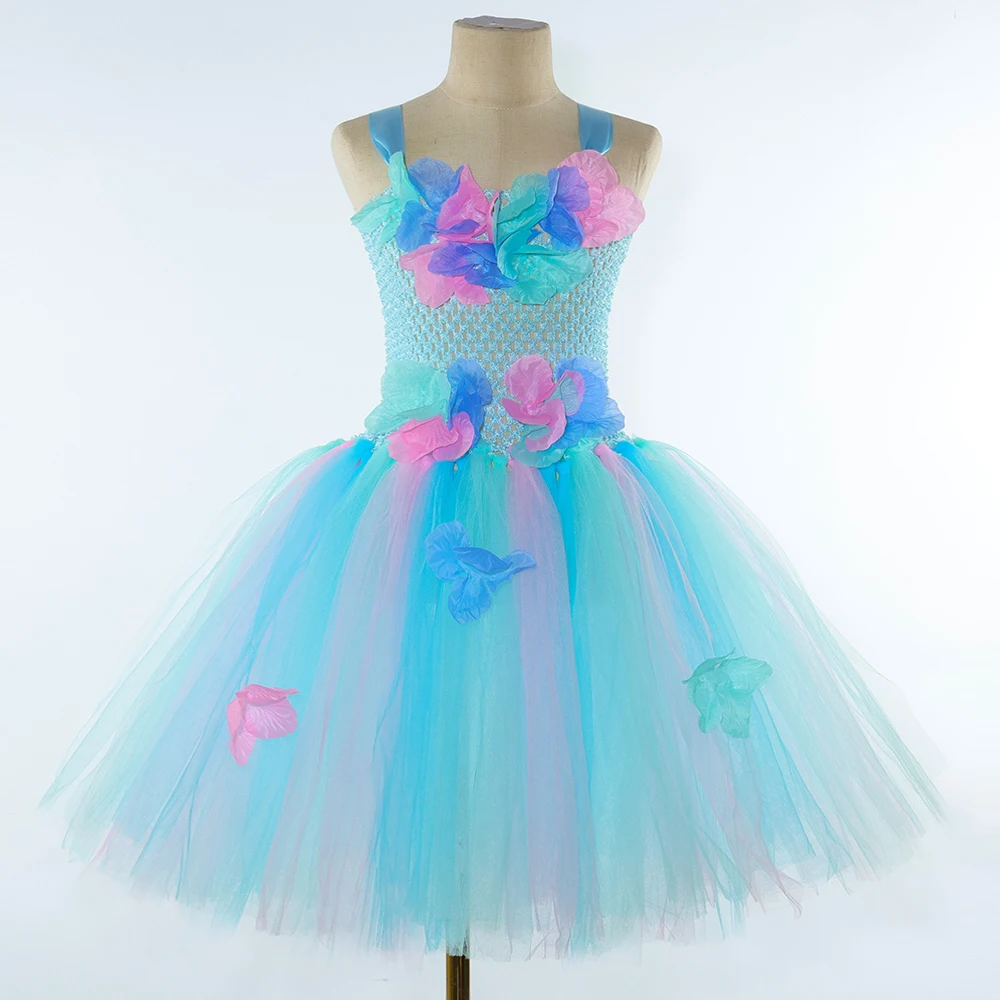 Turquoise Flower Fairy Costumes for Girls Butterfly Fairy Princess Dresses with Wings Wand Kids Halloween Carnival Tutus Outfit