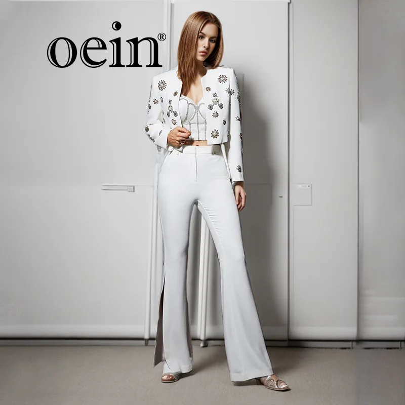 

[oein] Fashion Two-piece Set 2024 New Heavy Industry Nail Bead Jacket Jacket+high Waisted Split Micro Flared Pants Set For Women