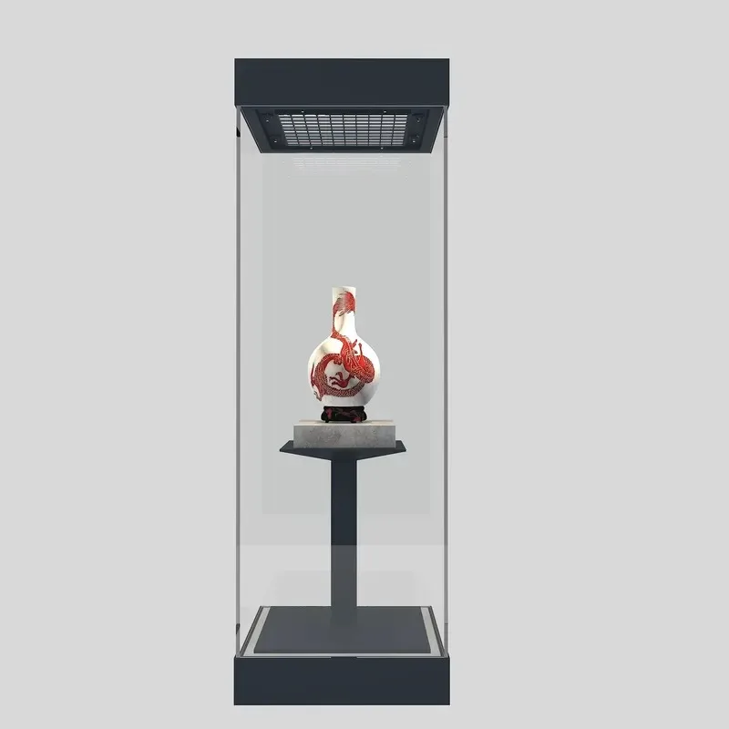 LED tempered glass metal museum display cabinet, environmentally friendly design, durable structure, customizable size