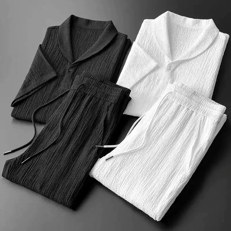 High Quality Ultra-Thin Short-Sleeve Ice Silk Casual Sport Pants Set Men's Summer Large Size Loose T-Shirt Two-Piece Set view 3