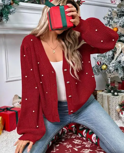 جو عيد الميلاد أزياء المرأة محبوك سترة سترة الخامس الرقبة لؤلؤة زر معدني بسيط سترة بأكمام طويلة #5