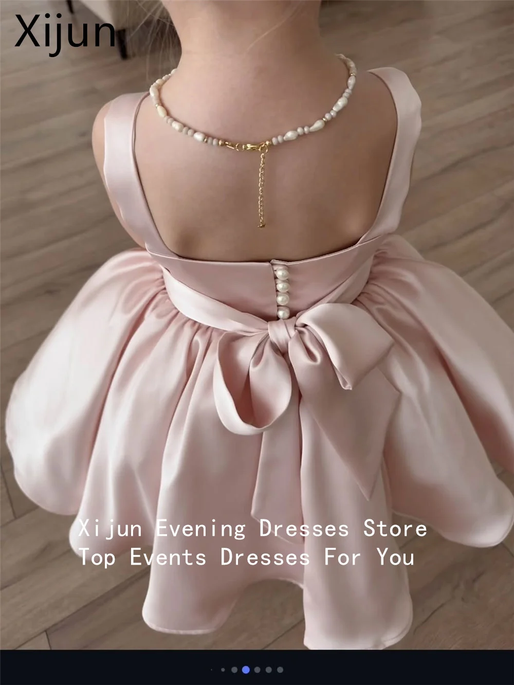 Xijun Luxury Satin Flower Girl Dresses Bow Pearls Gown Dresses Spaghetti Strap Kids Birthday Dresses 2026 Customized