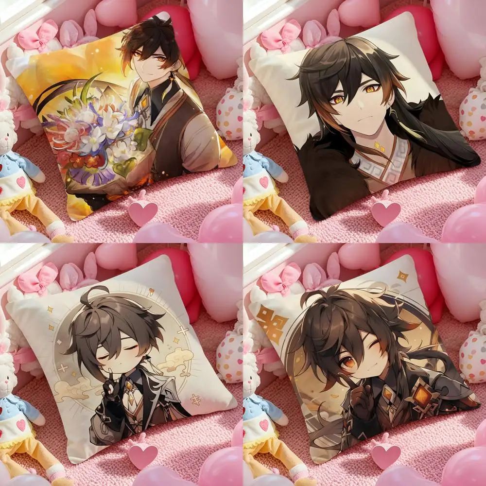 Zhongli Genshin Impact Cushion Cover Pattern Printed Pillowcase for Living Room Sofa Cushion Cover & Bedroom Decor