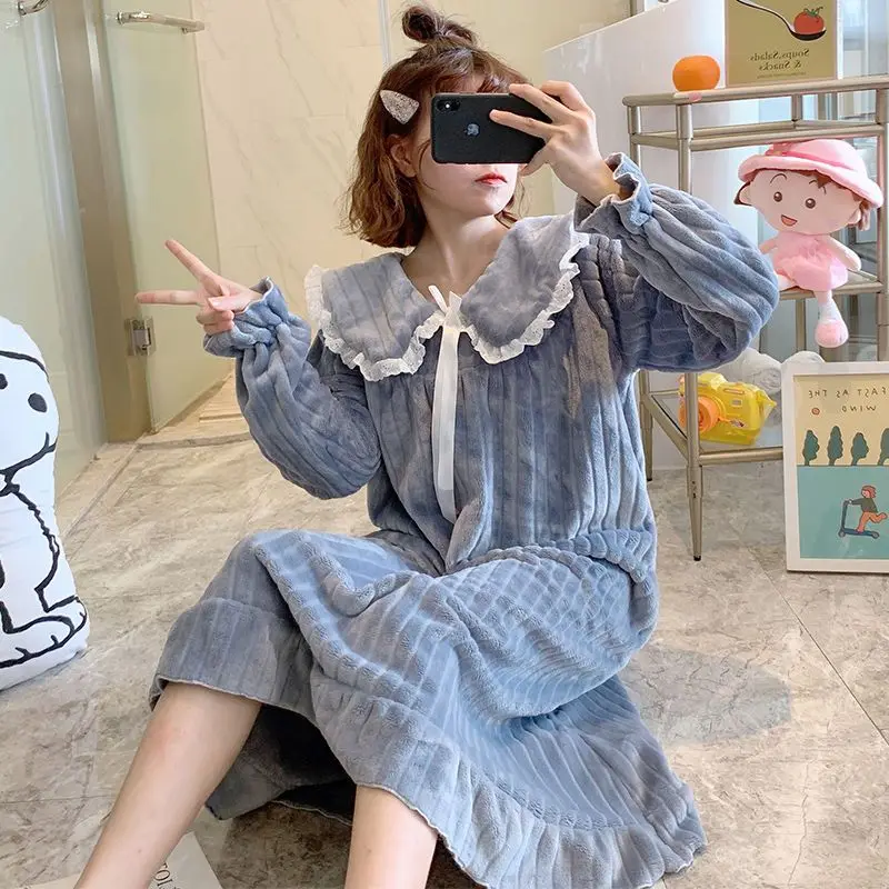 Peter Pan Collar Women Nightgown Korean Ruffles Sleepwear Fleece Winter Night Dress Knee Length One Piece Pajamas Warm Home Wear