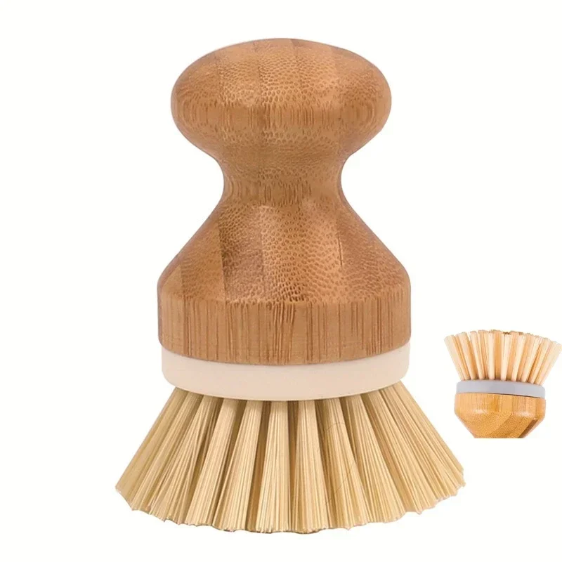 Round Mini Palm Pot Brush Bamboo Dish Scrub Brushes Kitchen Wooden Cleaning Scrubbers for Wash Pans Vegetables Washing