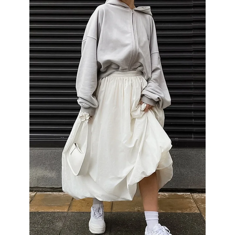 

White Cotton High Waist Bubble Skirt Women's Loose Big Hem Draping Effect Skirt Long Skirt Wholesale Women's Clothing Fengsb