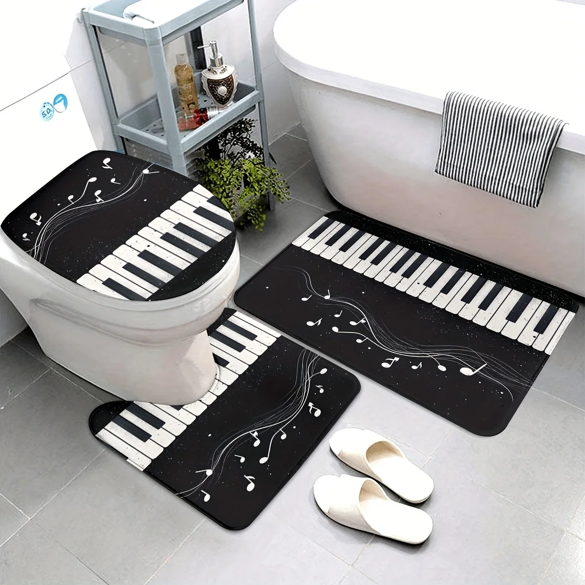 

3pcs Piano Note Pattern Bathroom Rug Set - Flannel Material, Non-Slip, Machine Washable, with Machine-Made Bath Mat, U-Shaped Co