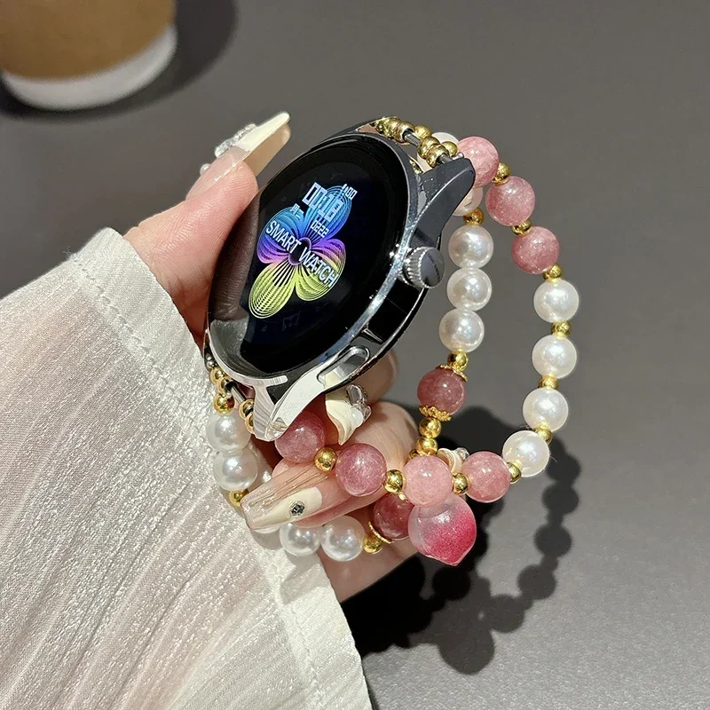 Correia de corrente de contas rosa para mulheres, pulseira, pingente de pêssego doce, Huawei GT4, GT3, GT2, ajuste 2, 18mm, 20mm, 22mm, 41mm