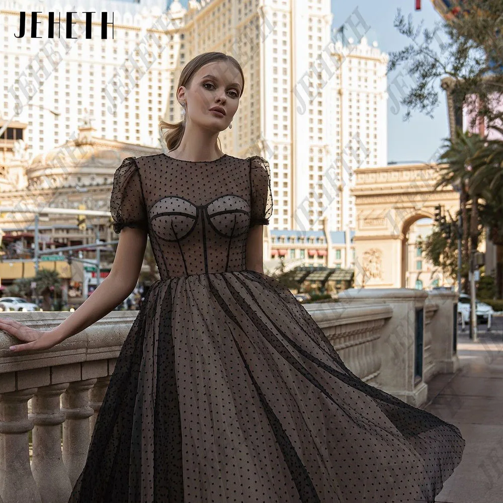 JEHETH O Neck Tulle Pastrol Prom Dress Polka Dot Mide A line Black Homecoming Party Gown Short Sleeve Prom Gowns Customized