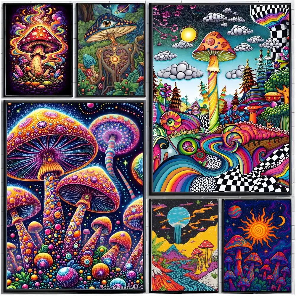 art motif illustration A-Art Motif Psychedelic Mushroom Poster Modern Wall Art Home Decor Living Room Decorative Print Unframed