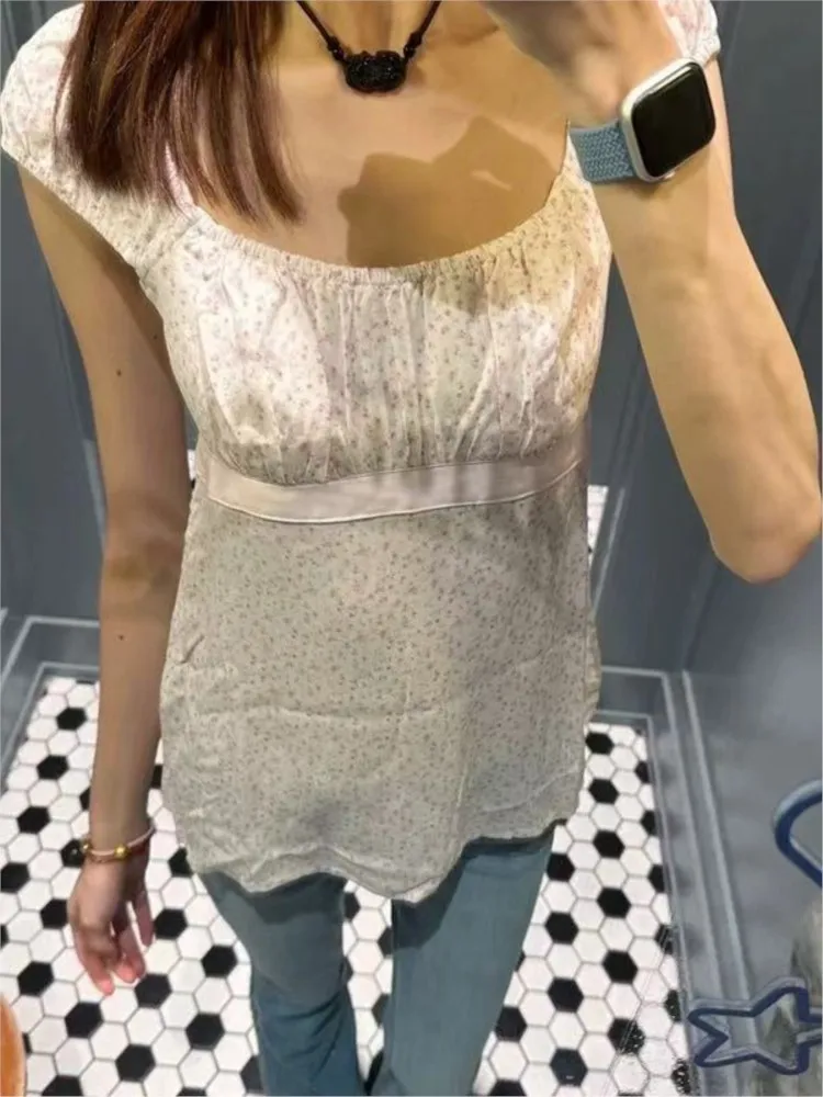 

Sweet Pink Floral Lace-up T-shirts Women Summer New Casual Slim Square Collar Tee Tops Female Vintage Preppy Style Chic T-shirt