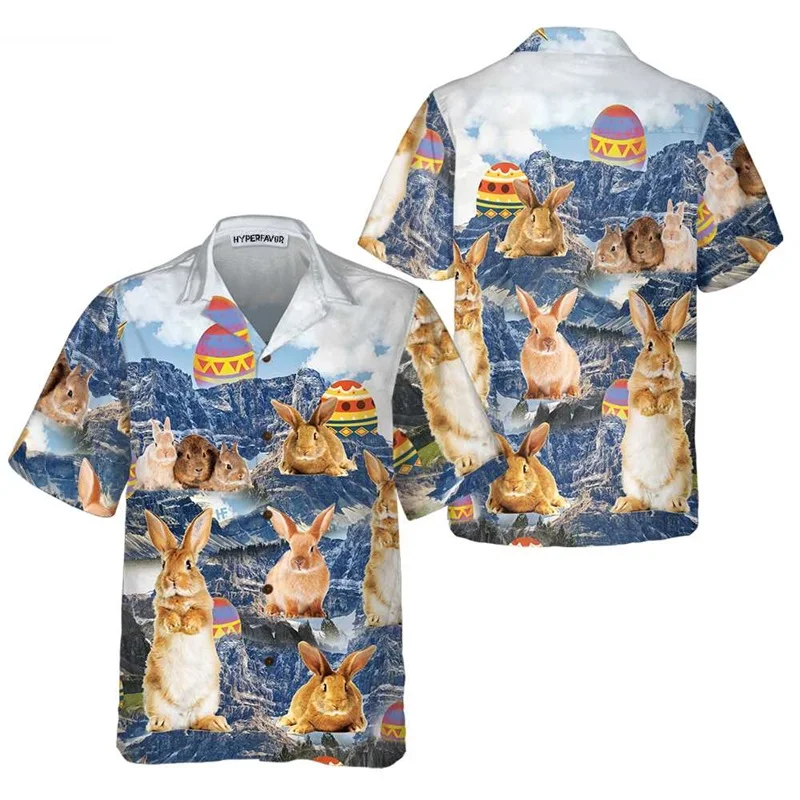 3D Print Bunny And Easter Egg Hawaiian Shirt Short Sleeve Button Up Easter Holiday Beach Shirts Clothes Men's Aloha Shirt Top