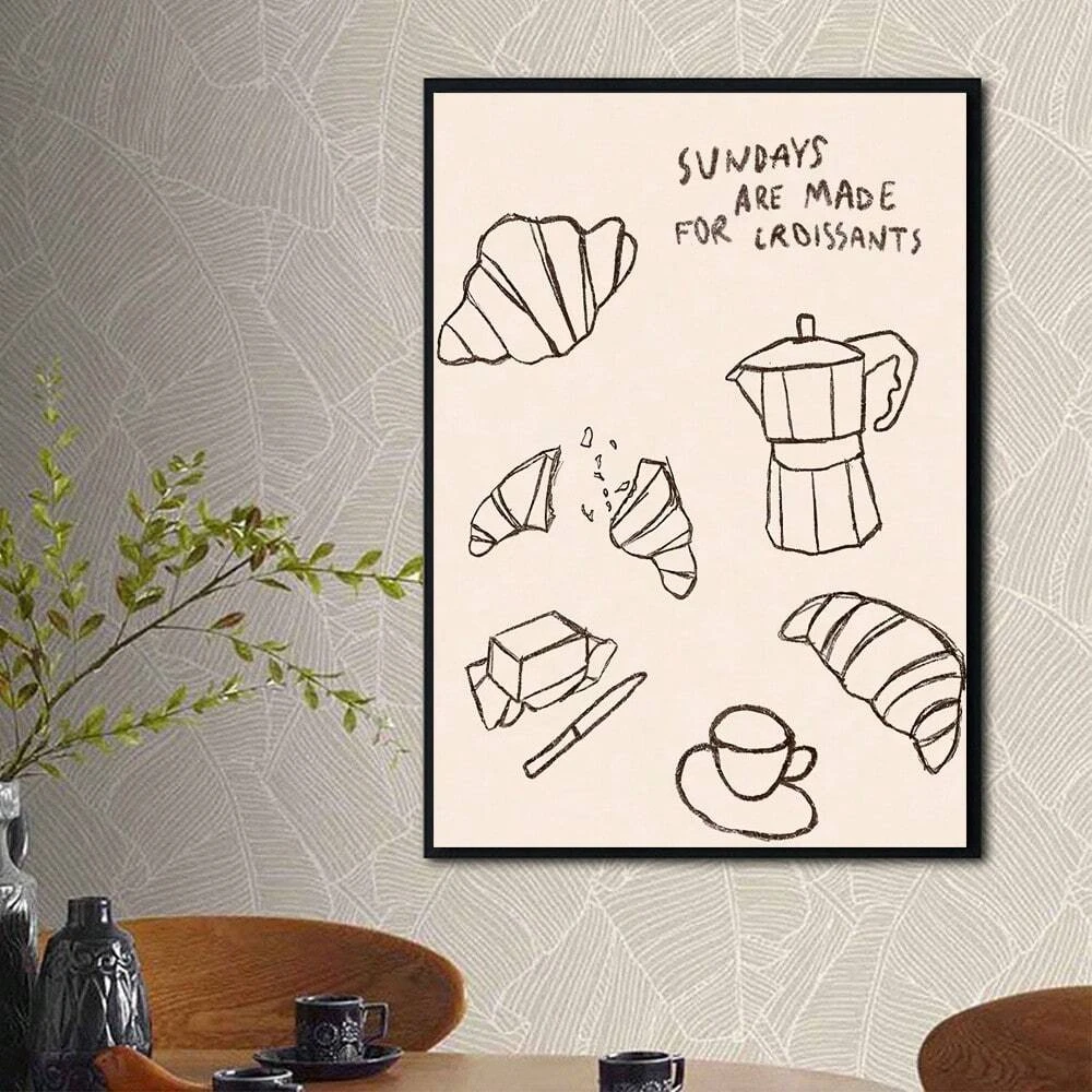 ملصق فني من القماش الكلاسيكي للإفطار، ديكور جدار المطبخ بدون إطار مع الخبز، مطبوعات كرواسون وعاء القهوة، مثالي لغرفة النوم، #2