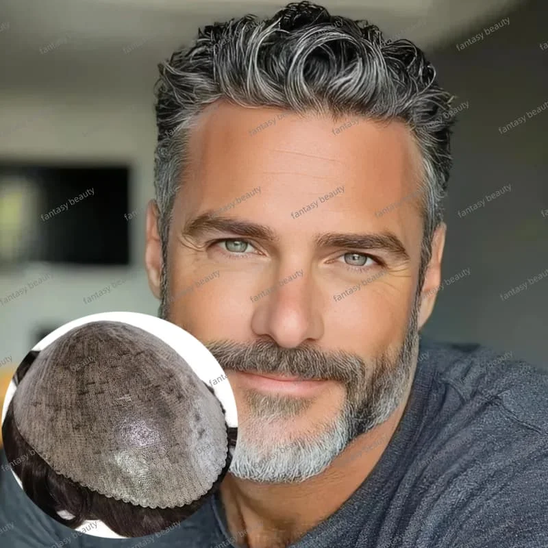 Man Prosthesis 100%Human Hair Thin Skin 0.1mm Injection Pu Base Men Toupee 1b40 1b50 1b65 1b80 Black Grey Male Hair Old Men' Wig