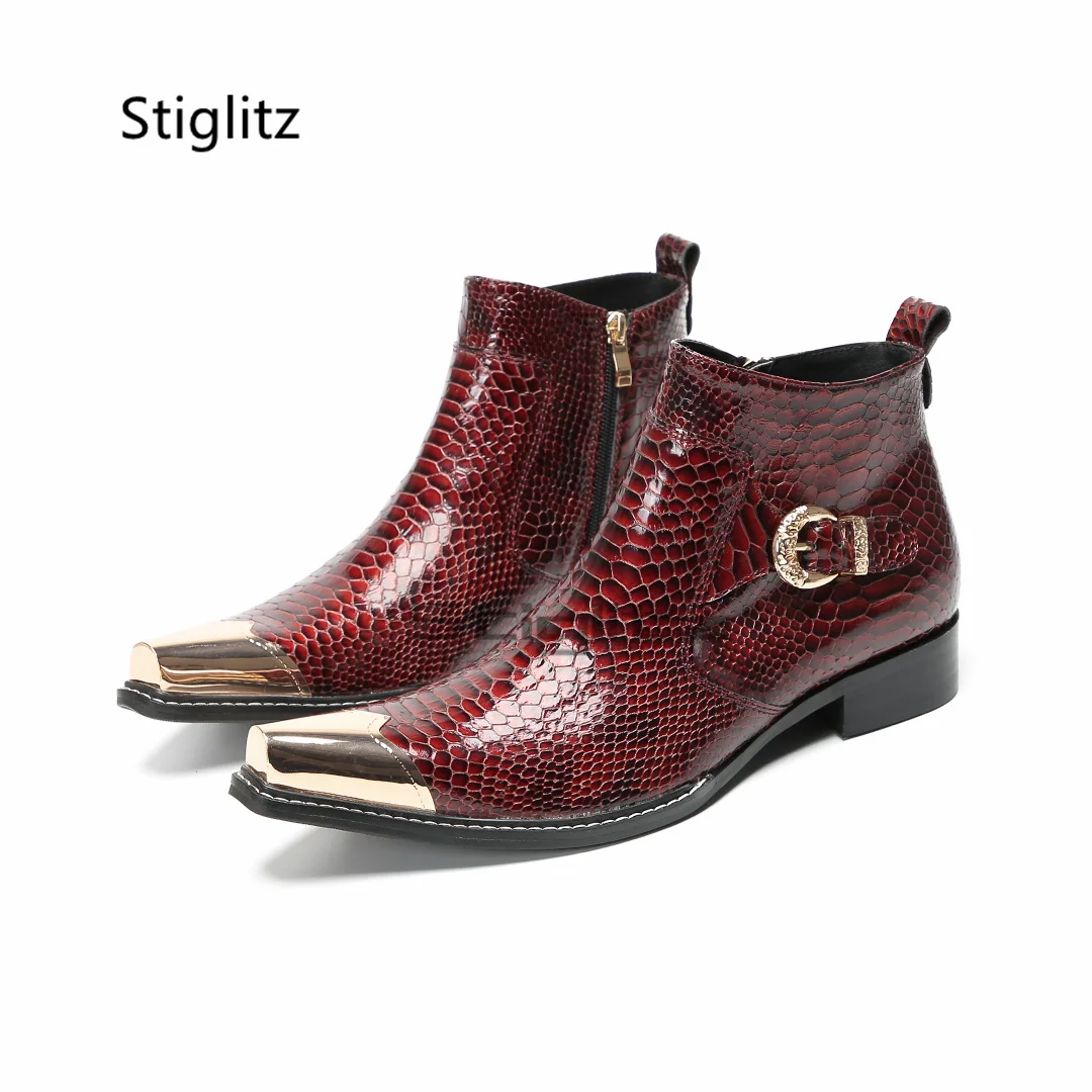 

Metal Buckle Burgundy Chelsea Boots for Men Snake Pattern Pointed Toe Patent Leather Wedding Shoes Bridegroom Ankle Boots