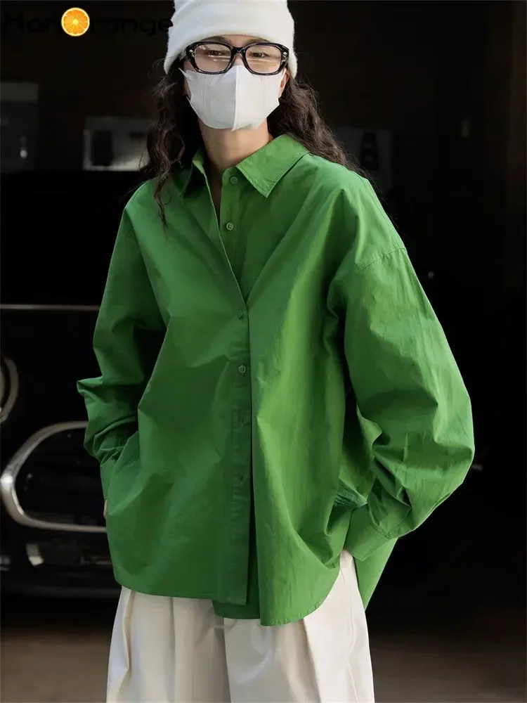 HanOrange 2024 Spring Autumn Slant Placket Silhouette Shirt Woman Loose Comfortable Casual Top Female Green/White