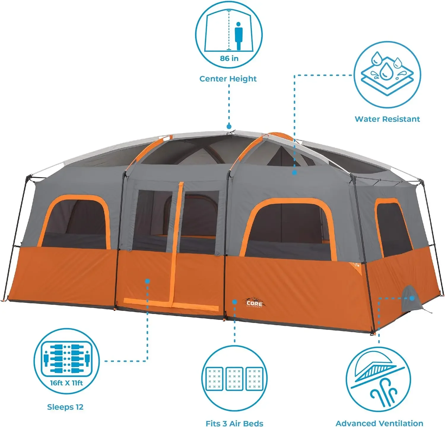 Core 12-persoons Tent | Grote Multiroom Campingtent Voor Buiten Familiecamping | Draagbare Cabine Opstaande Tent Met Opslag