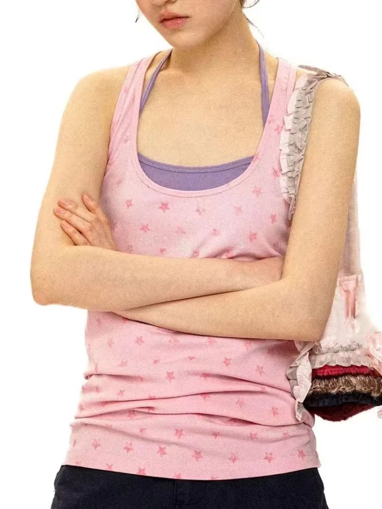 Star Print Vest Women American Retro Sleeveless Slim Tops Two Piece Sets Summer Sweet Spicy Girl Y2k Aesthetic Tanks
