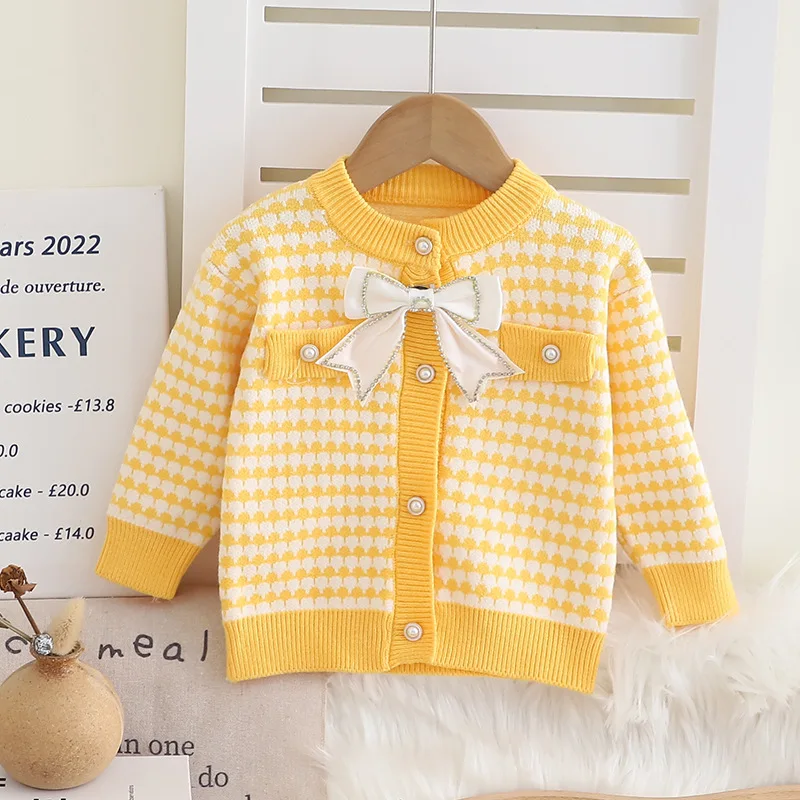 Girl's Autumn Knitwear Cardigan New Korean Style Children's Plaid Knitted Clothes Butterfly-knot Long-Sleeved Top Jacket IY07031
