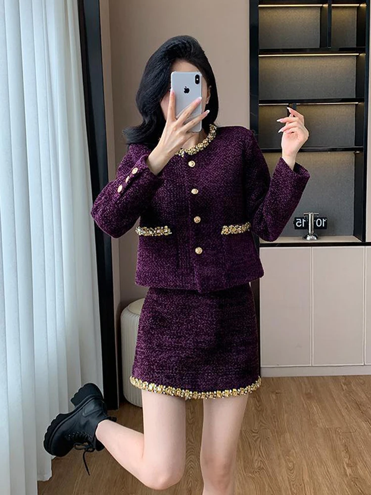 

Винтажный комплект из двух предметов во французском стиле с небольшим ароматом, женский твидовый пиджак высокого качества, пальто + короткая полуюбка, комплект