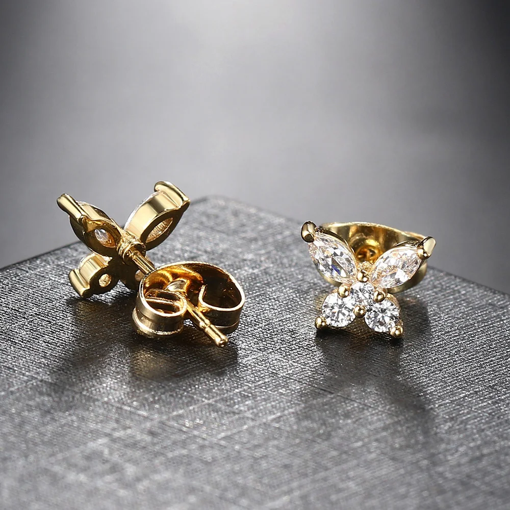 Gold Color Butterfly Stud Earrings For Women Korean Dainty Cubic Zirconia Piercing Lobe Ear Accessories Girls Jewelry Gifts E404