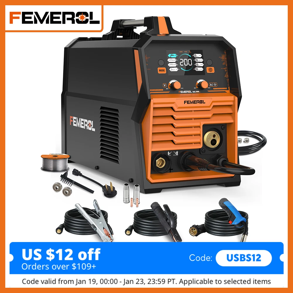 

FEMEROL 200A MIG Welder 110V/220V 4 In 1 Flux MIG/Solid Wire/Lift TIG/Stick ARC Welder IGBT Gas Gasless MIG Welding Machine