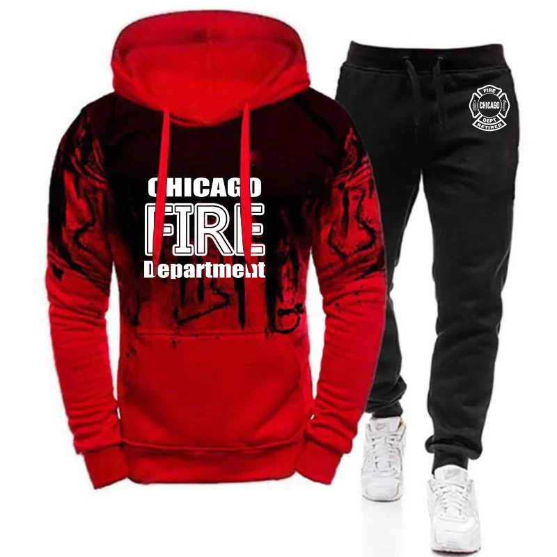 2025 Spring Autumn Chicago Fire Department Show Tv Rescue Print Sports Loose Sets Men's Gradient Color Hoodies+Sweatpants Suits