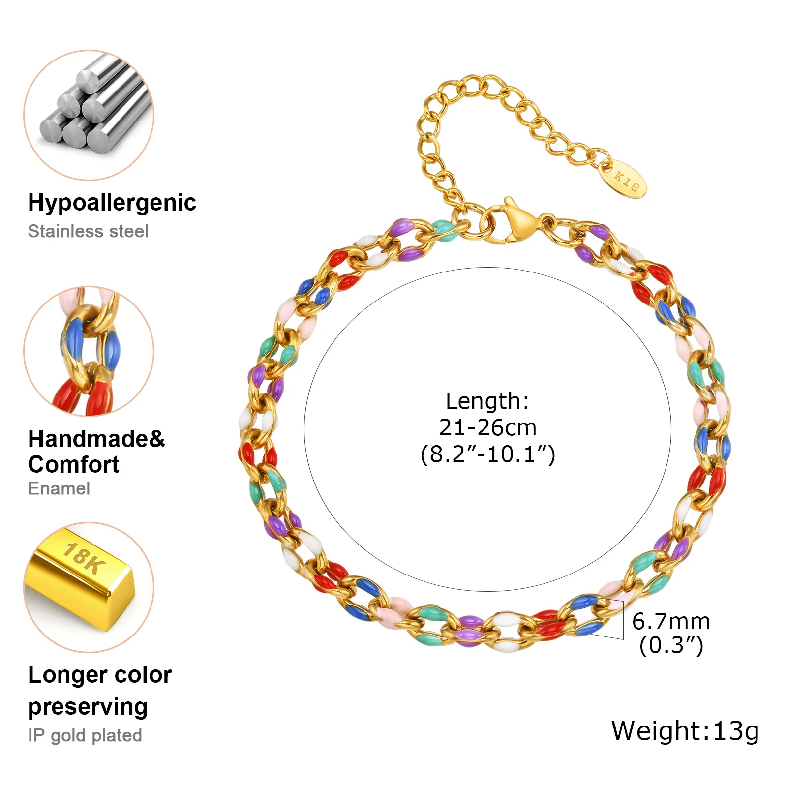 Stainless Steel Ankelt 18k Gold Plated, Cuban Enamel Colorful Link Adjustable Foot Chain for Women Beach Summer Jewelry