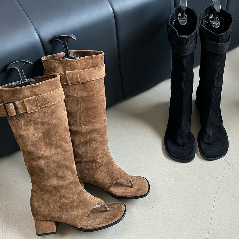 Fashion Buckle Women Knee High Heels Boots Female Flip Flops Shoes Western Ladies Sandals Boots With Square Heels Footwear