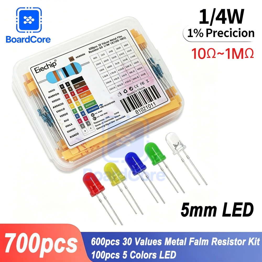 700pcs/set 1/4W Metal Film Resistor Kit & LED Diode 5mm5 Colors *20pcs Light Emitting Diode Set for DIY Electronic Circuit