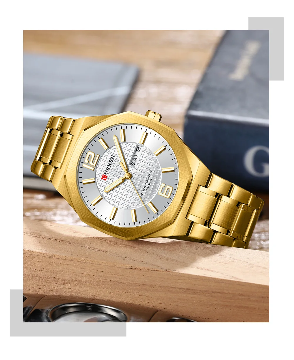 CURREN Herren-Businessuhr Quarz mit Tages- und Datumsanzeige, Edelstahlarmband, schlanke Armbanduhr für Männer, Leuchtzeiger – Detail 16