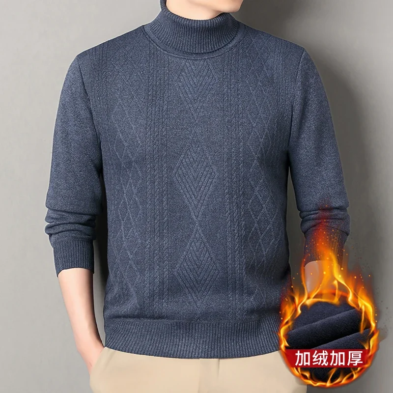 Regular Fit Fleece Lined Male Jumper Vertical Arrow Diamond Jacquard High Neck Home Outdoor Warm Knit Top