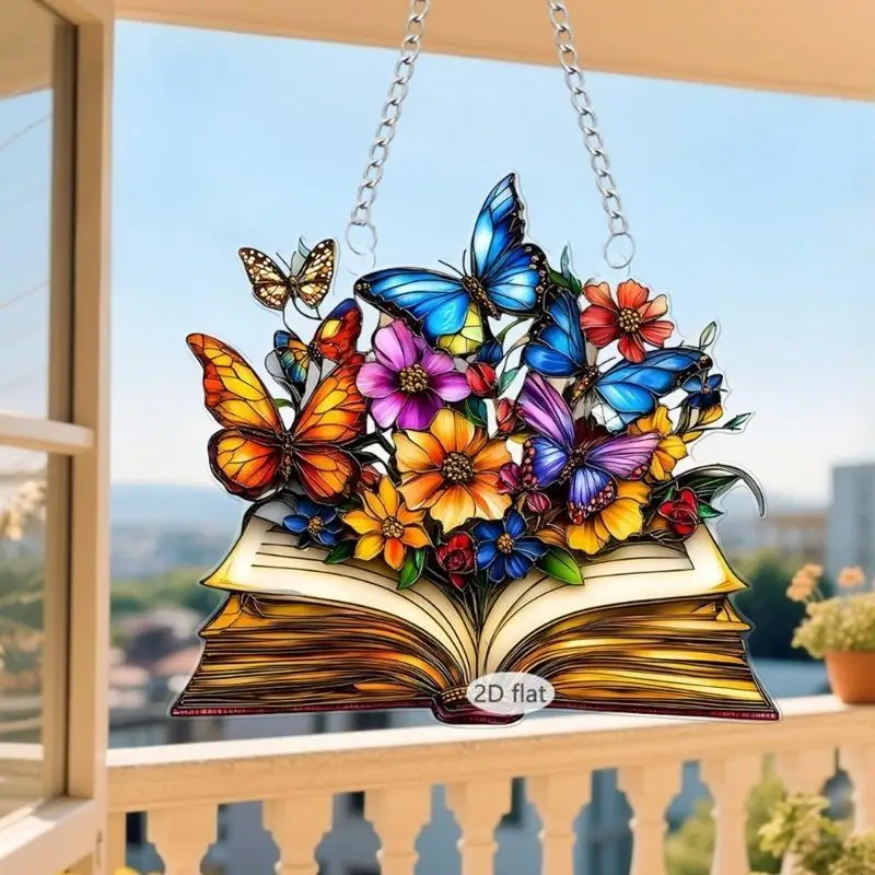 Multicolored Window Hanging Book Pendants Flowers Books 2D Flat Plastic Charm Home Decorations Teacher Back To Schools Gift 