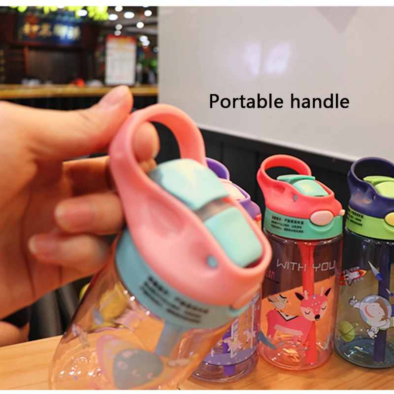 480ML Kids Plastic Water Cup Child Water Sippy Cup Cartoon Baby Feeding Cup With Straws Leakproof Water Bottles Outdoor Portable