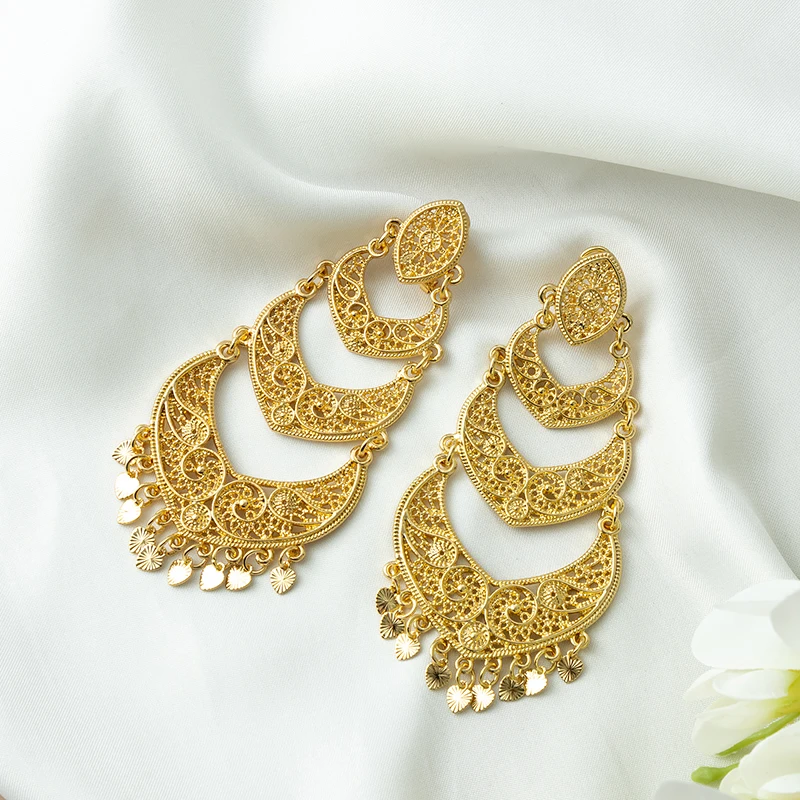 

Vintage Love Pendant Earrings Crescent Moon Layered Design with Tassel Charms Perfect For Moroccan Wedding Ethnic Wear