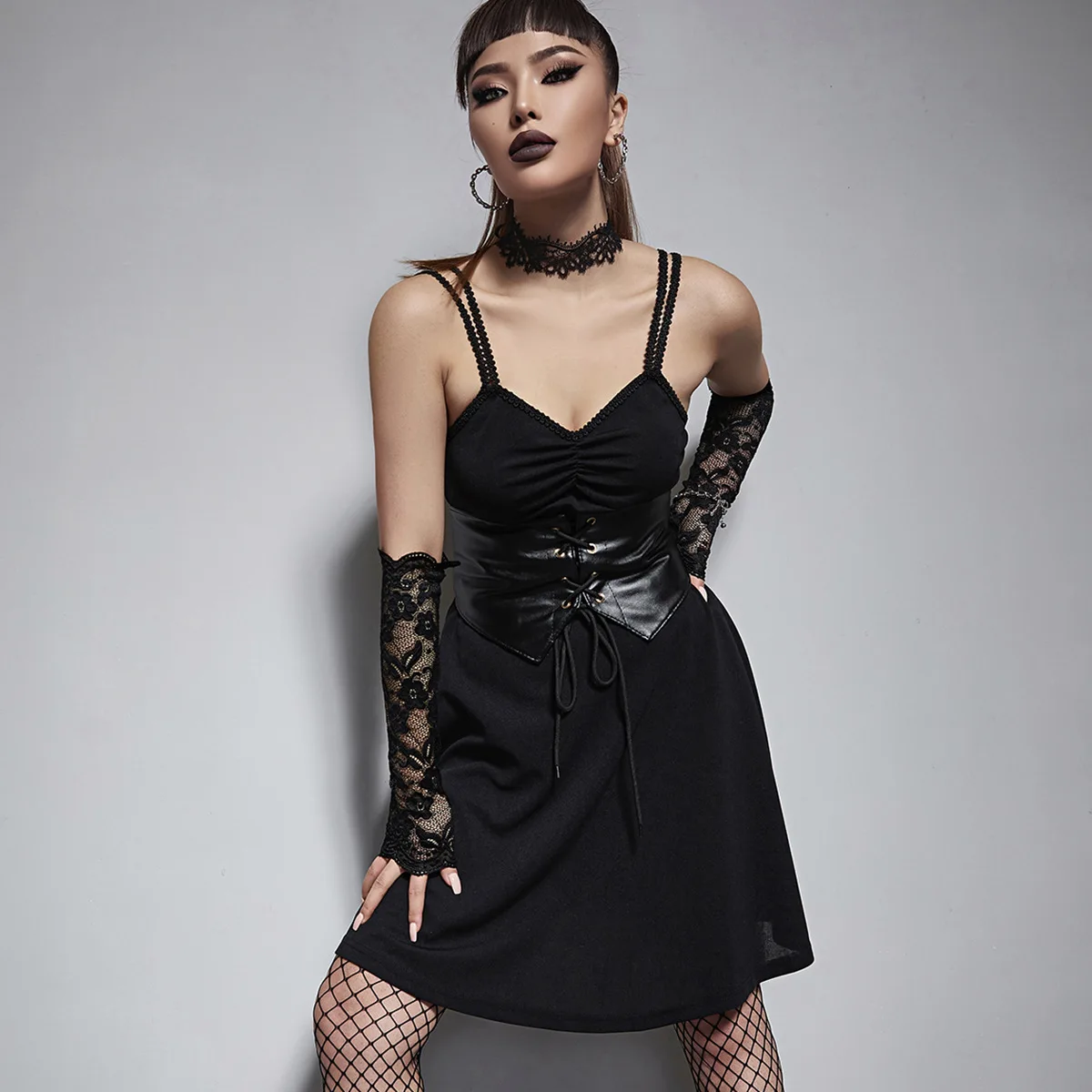 European and American Goths Style Solid Color Dark Girl Elastic Sling Dress